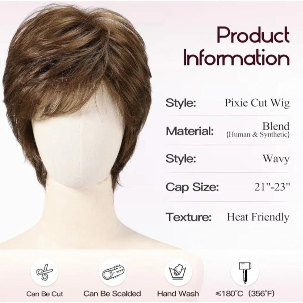 Brown Pixie Cut Wig Wavy Human Synthetic Blend Heat Friendly NEW